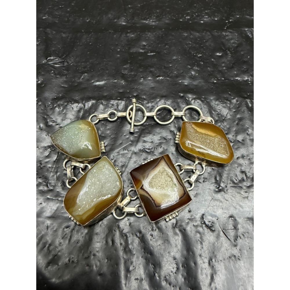 Vintage 925 Sterling Silver Agate Geode Druzy Statement Toggle Bracelet Boho